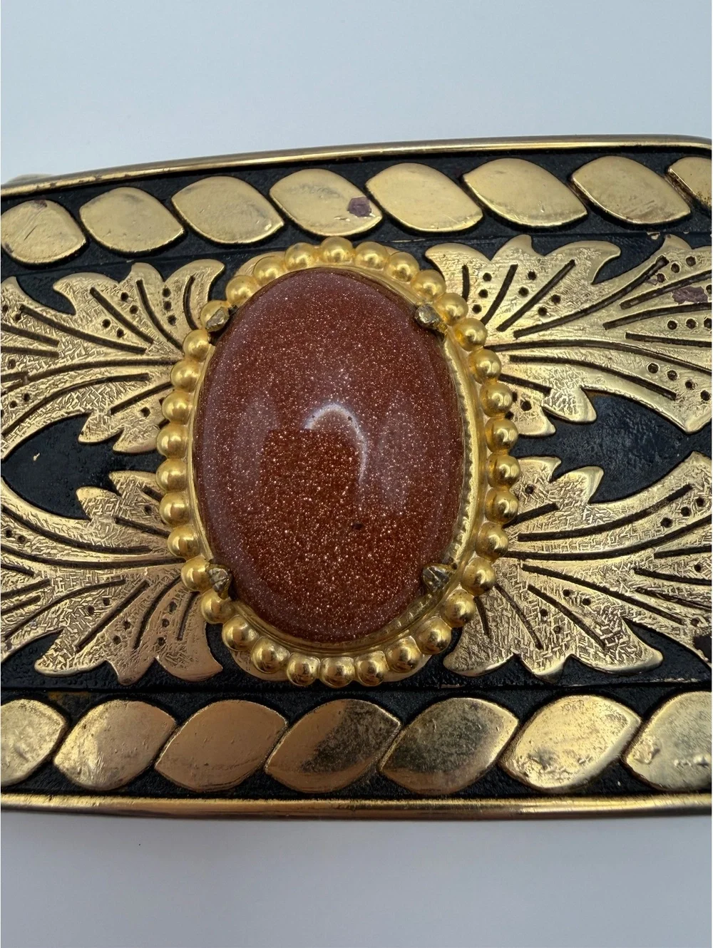 Vintage Gold-Tone Belt Buckle with Brown Oval Stone and Leaf Design, Approx. 3